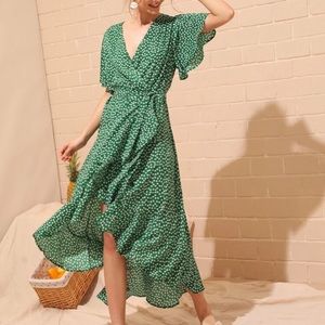 Green with White Flowers Self Tie Wrap Dress